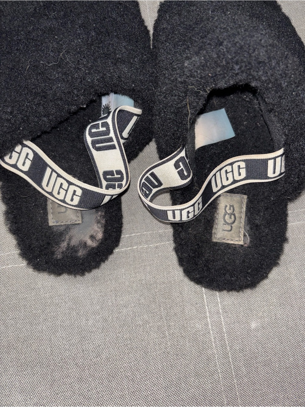 UGG Kids Black Fuzzy Slide Slippers with Branded Strap
